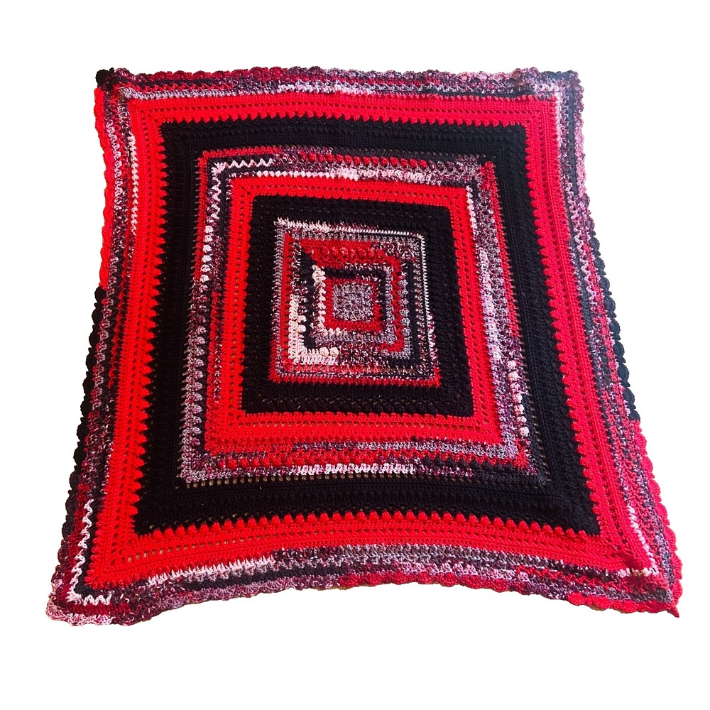Vintage Handmade Crocheted Throw Square Throw Dog Blanket Red Black‎ Gray 42"